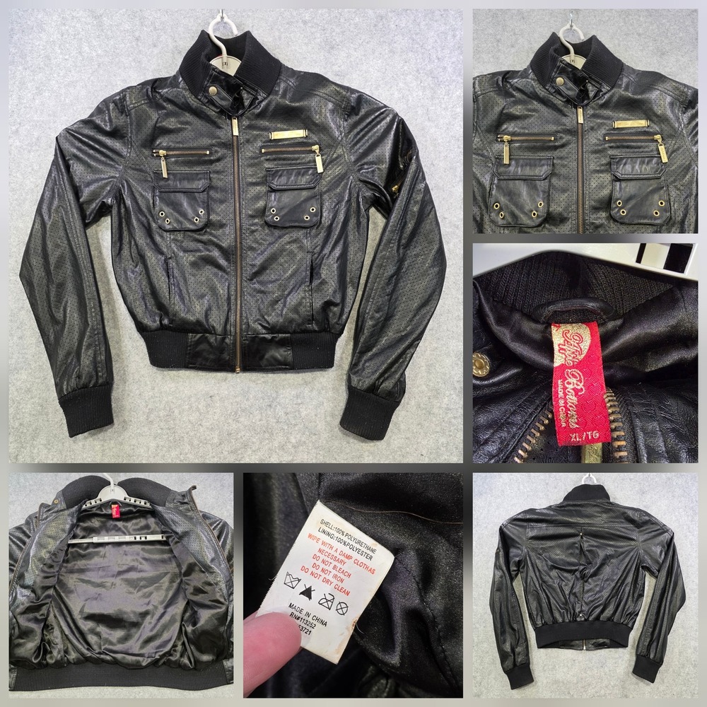Apple Bottoms Jacket Womens XL Black Faux Leather Bomber Zip Pockets Logo